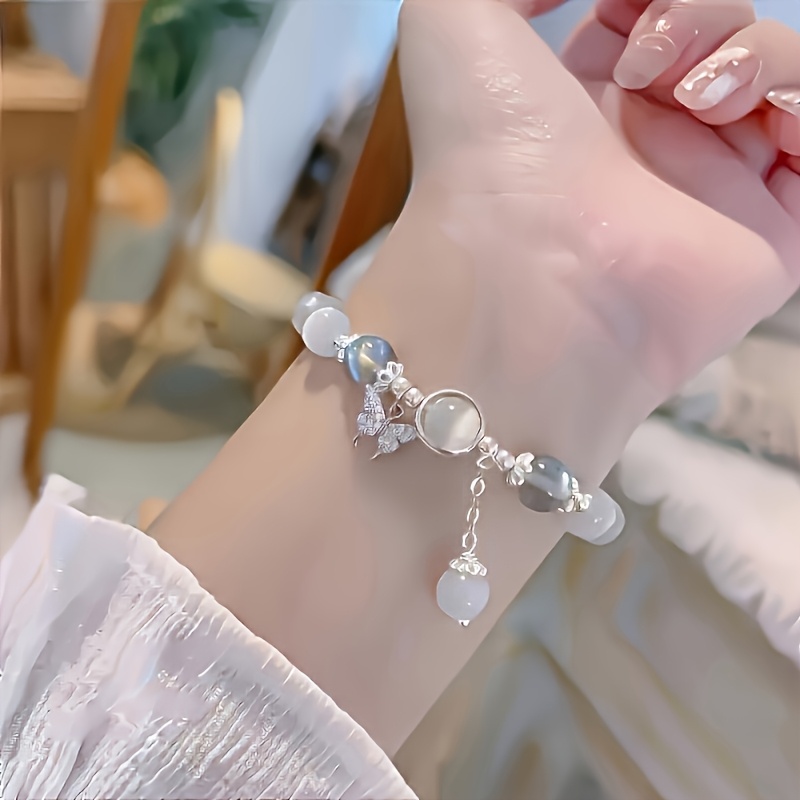 Glass Cat's Eye Bead Bracelet with Butterfly Charm